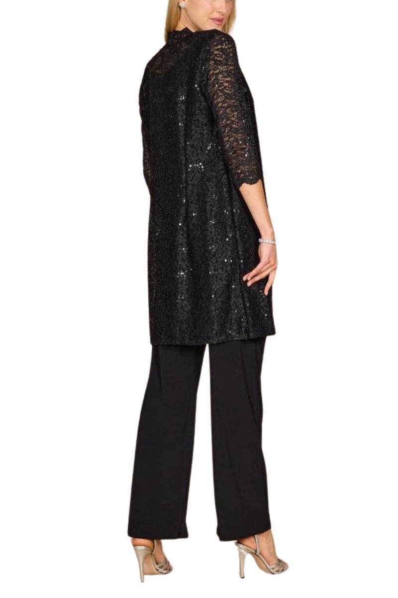 R&M Richards Metallic Lace Tank Top and Pant Set with Sheer Lace Jacket (Plus Size)
