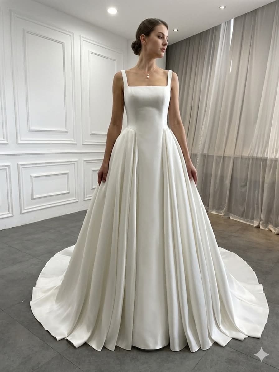 Satin A-Line Wedding Dress with Corset Bodice & Chapel Train | Classic Minimalist Bridal Gown (Copy)