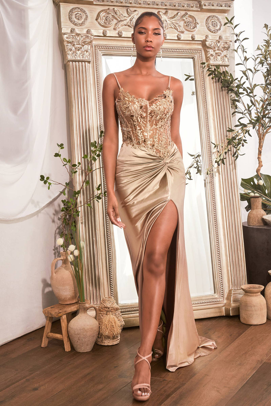 FITTED SATIN GOWN WITH EMBELLISHED BODICE