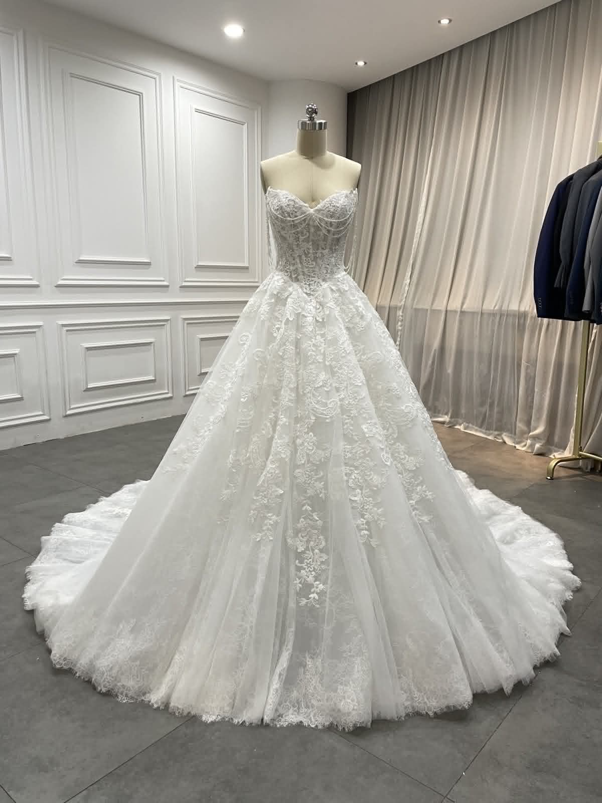 Pearl-Draped Lace Ballgown Wedding Dress