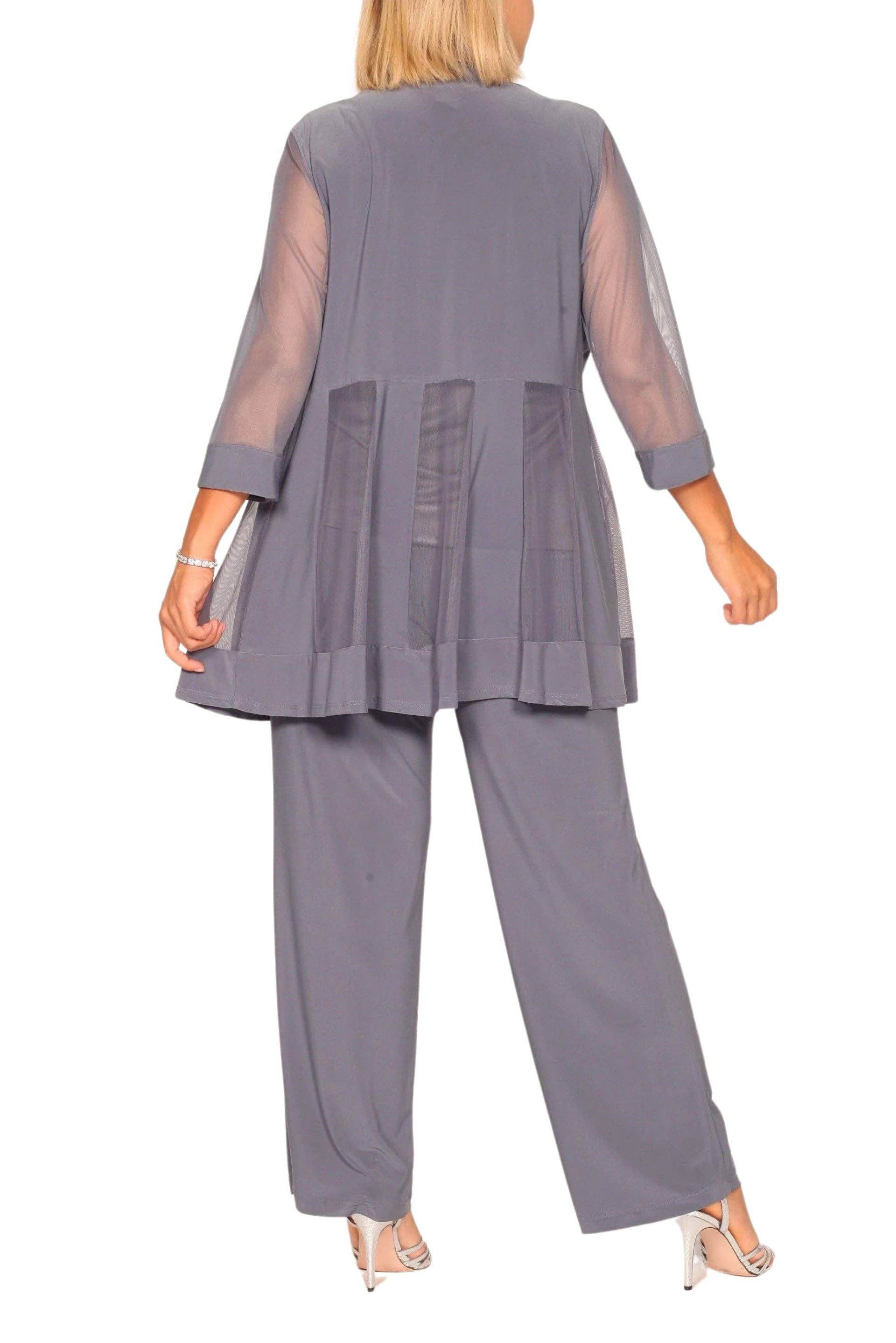 R&M Richards Three Piece Pants Suit Round Neck Sleeveless Top with Soft-Cut Draped Lapel Mesh Jacket Formal Dress  (Plus Size)