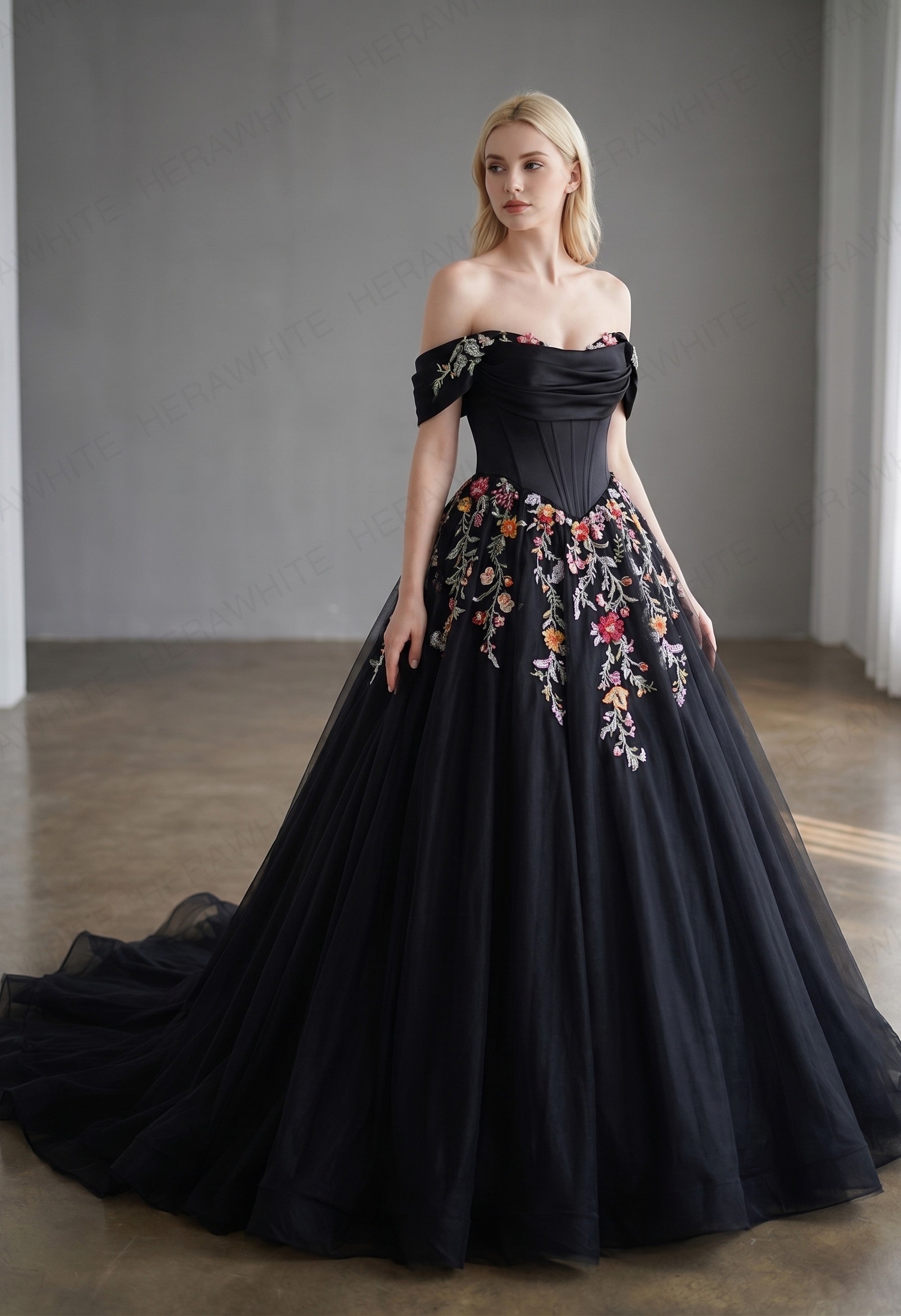 Off the Shoulder Satin Corset Ball Gown with Colorful Floral Embroidery