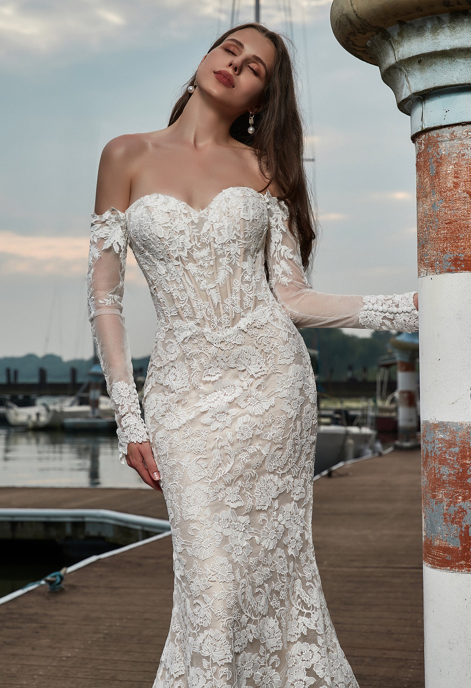 Lace Sweetheart fit to flare long sleeve wedding dress