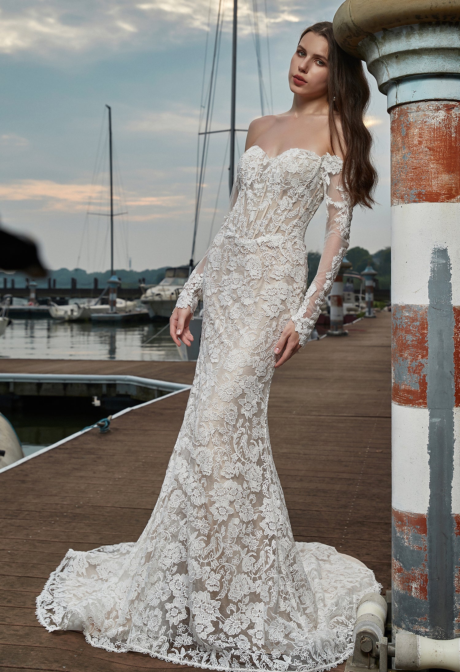 Lace Sweetheart fit to flare long sleeve wedding dress