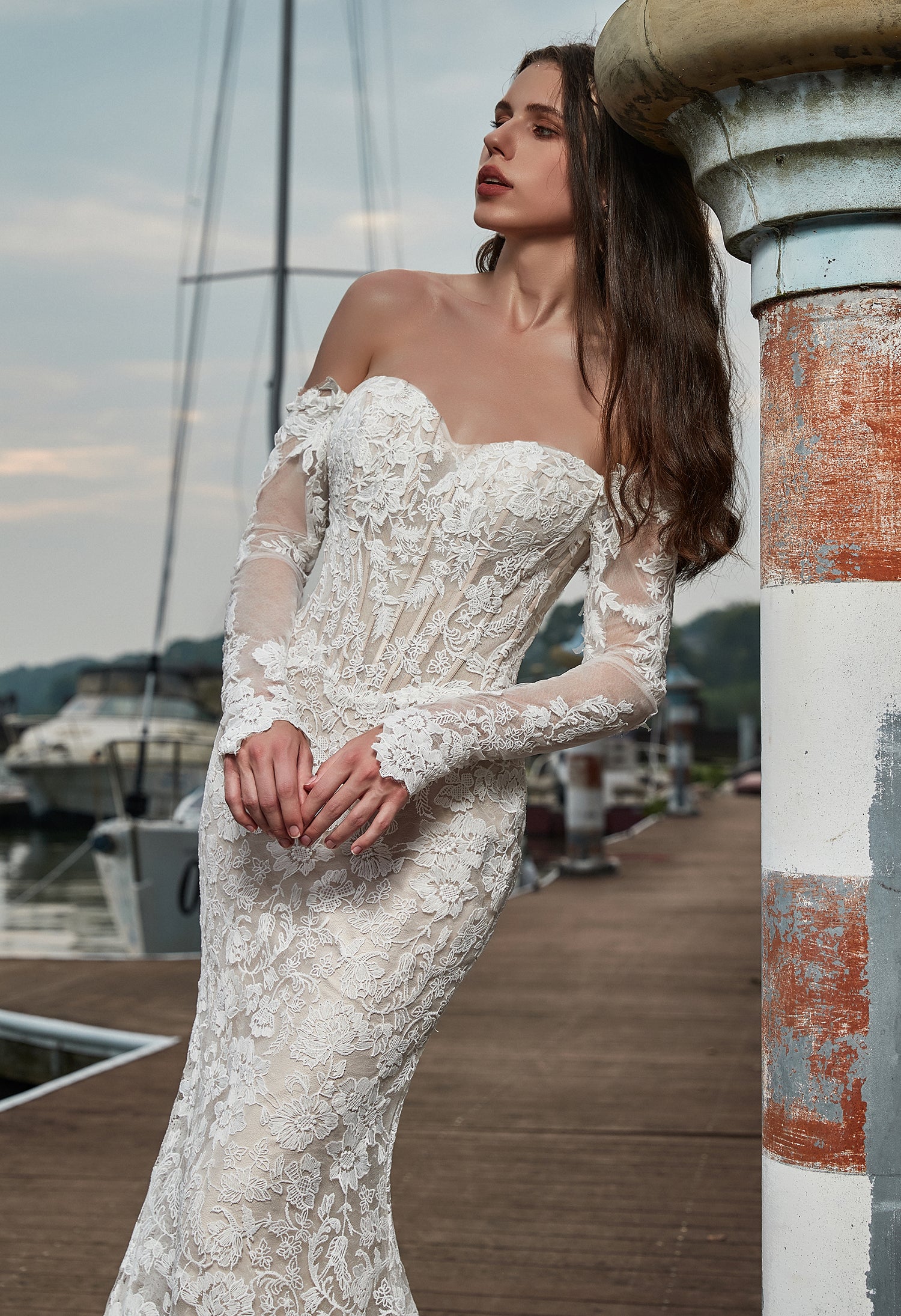 Lace Sweetheart fit to flare long sleeve wedding dress