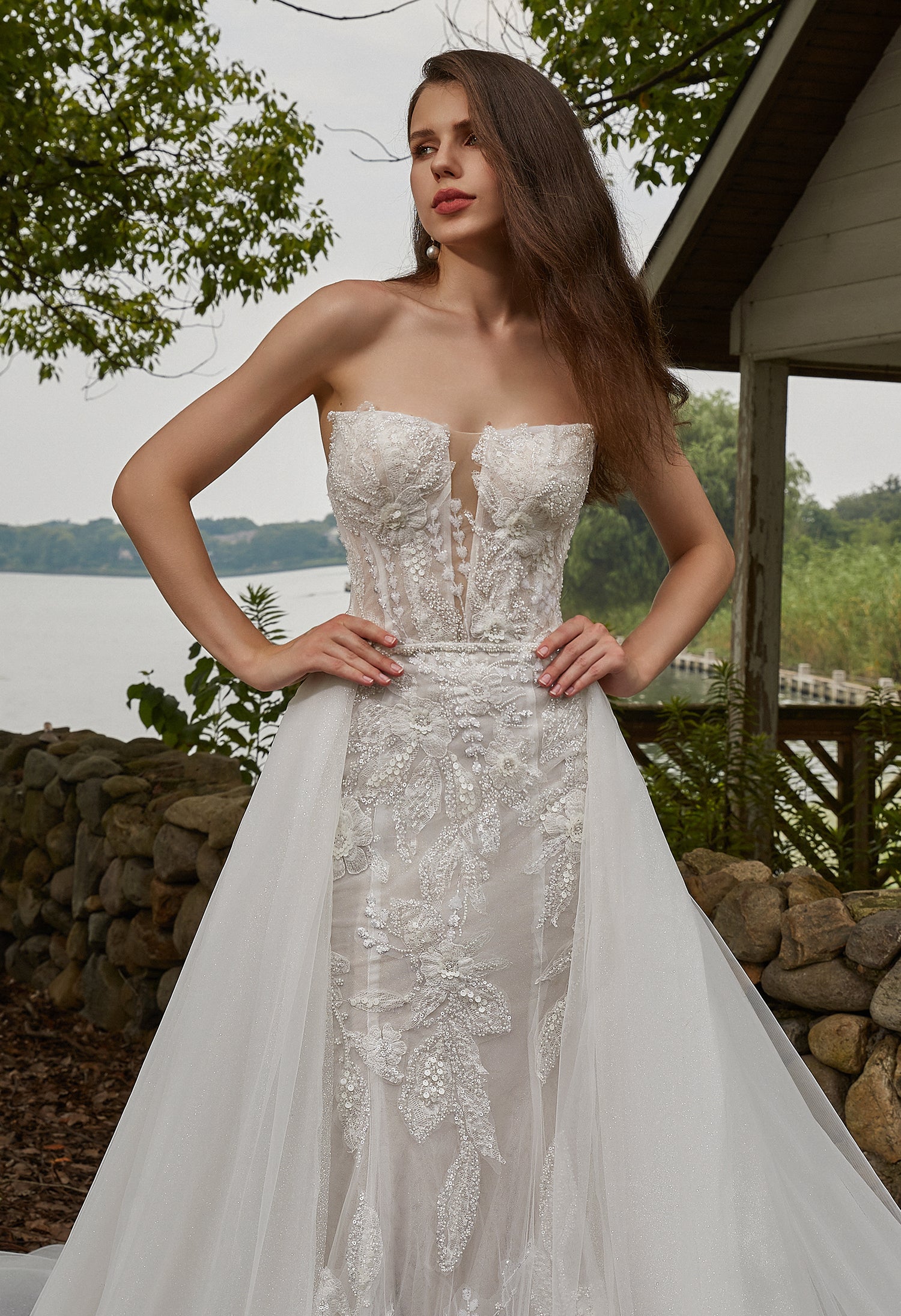 Beaded Sequins Lace and Detachable Overskirt