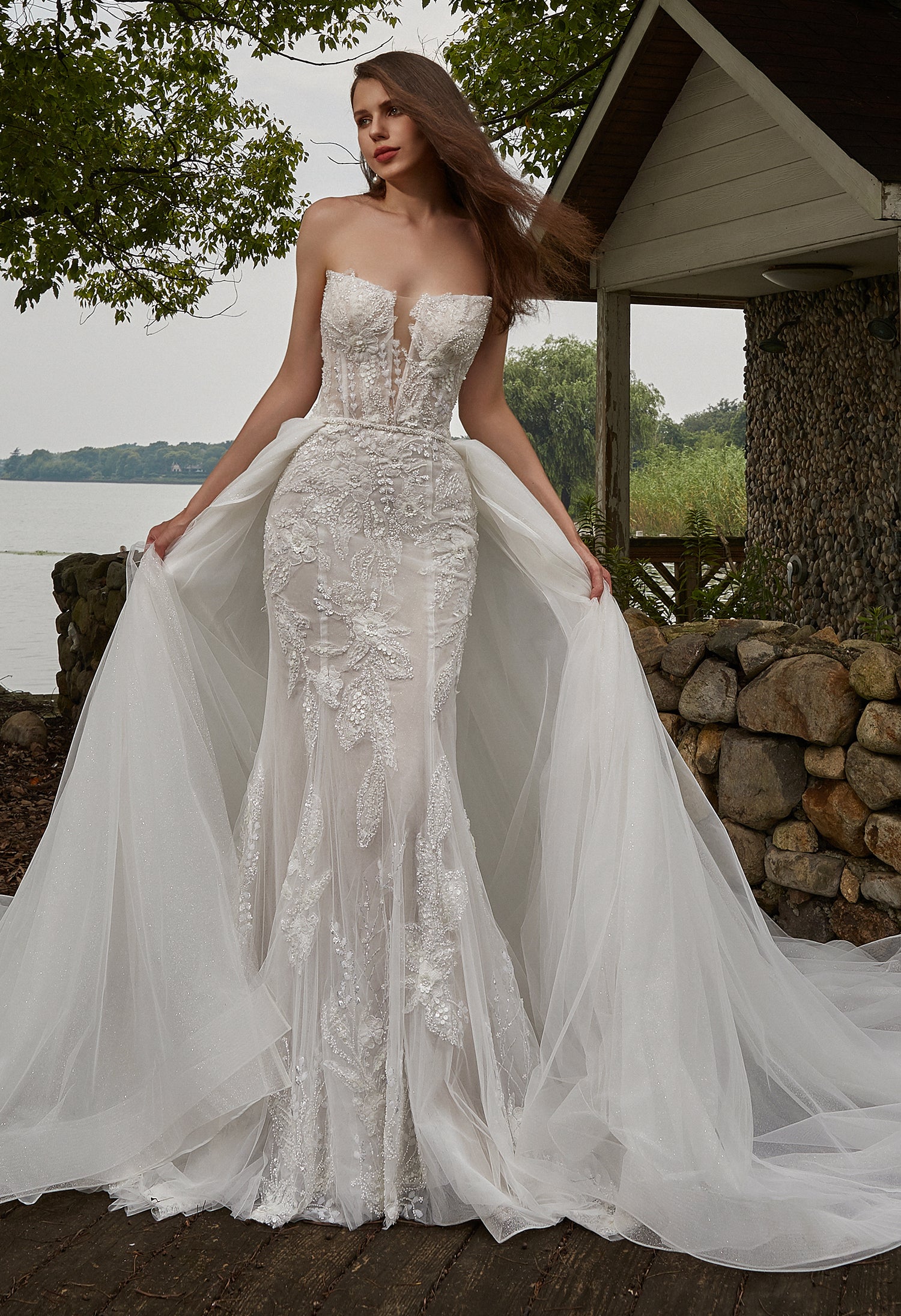 Beaded Sequins Lace and Detachable Overskirt