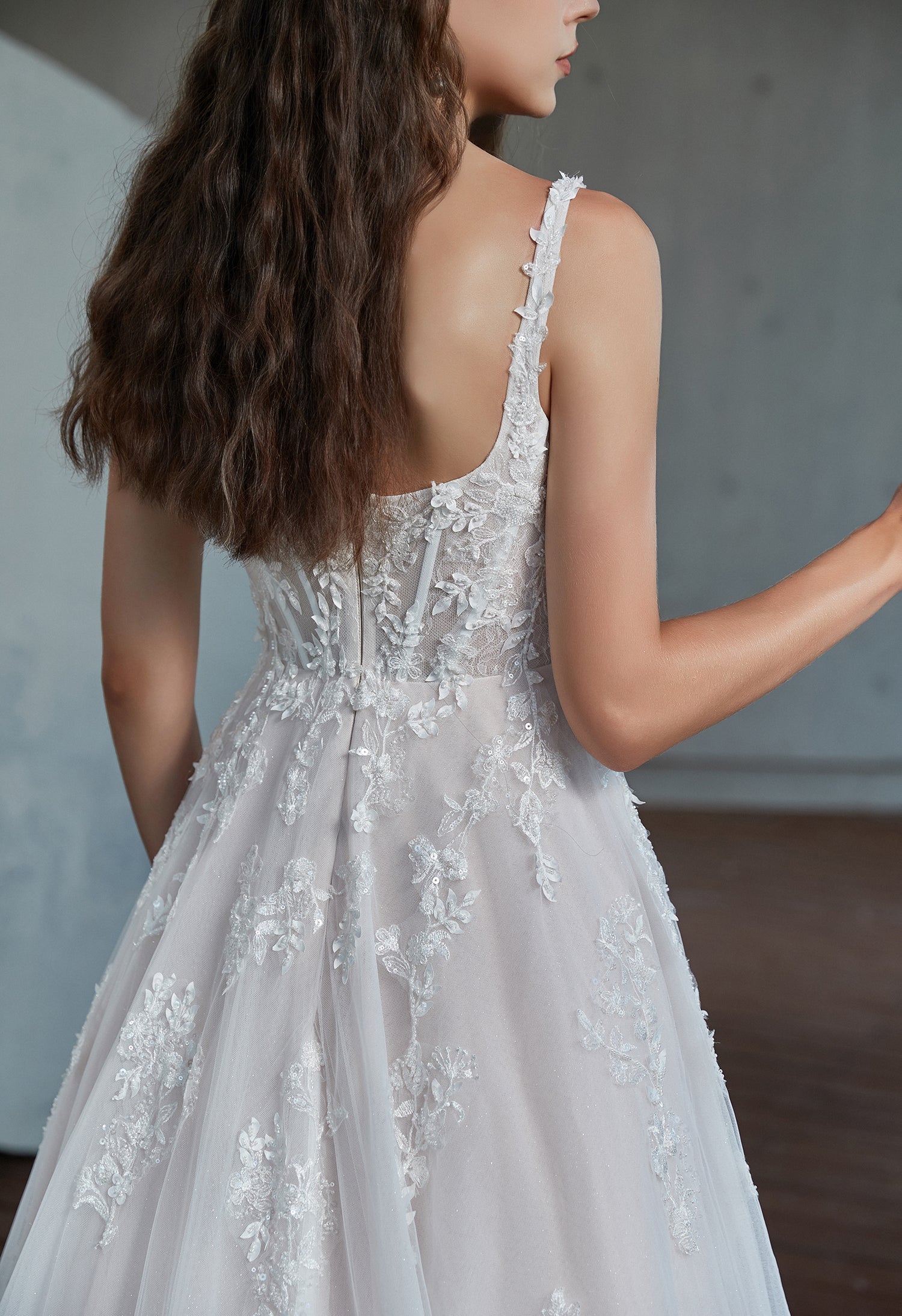 Square Neckline Delicate Beaded Lace Wedding Dress
