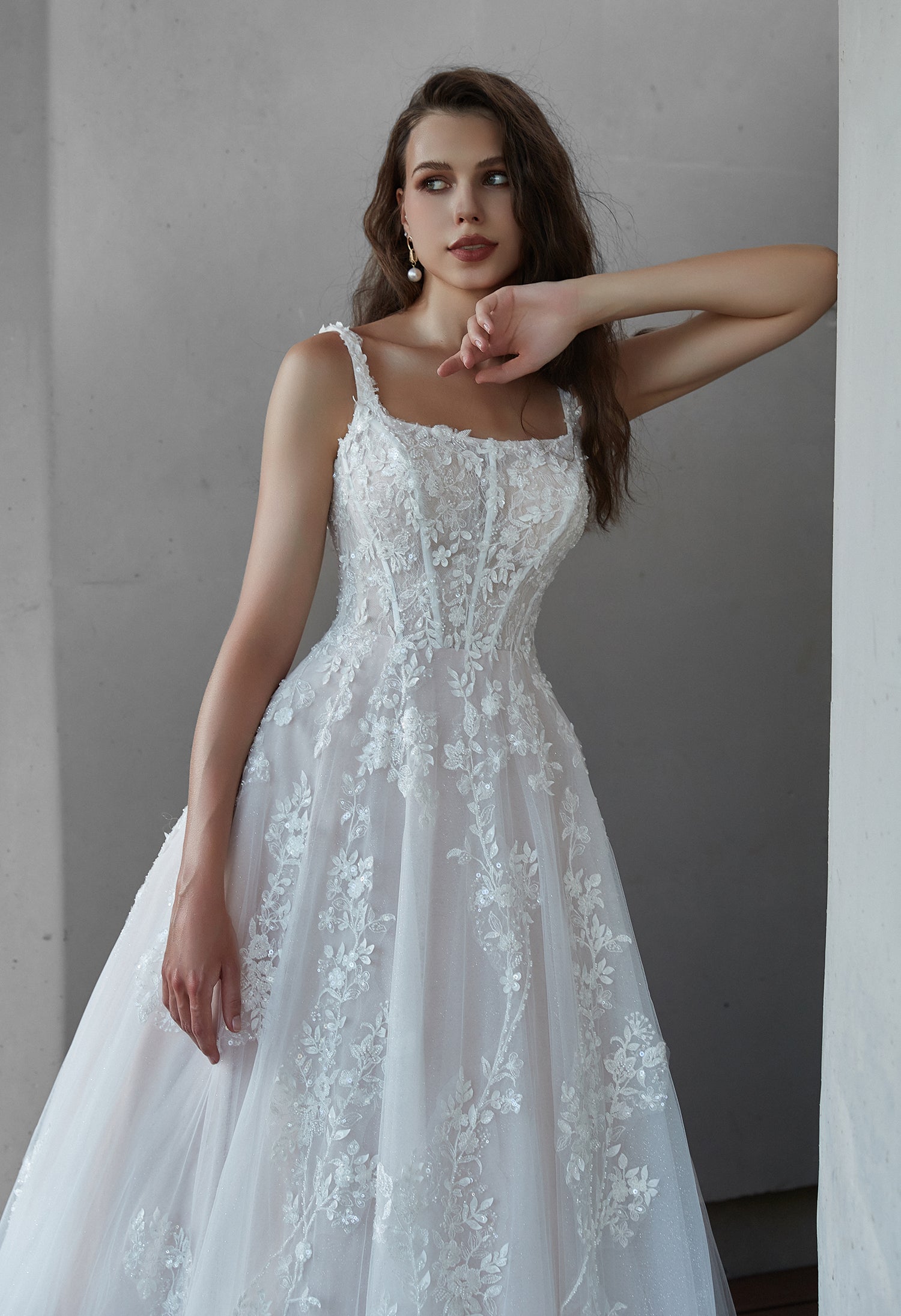 Square Neckline Delicate Beaded Lace Wedding Dress