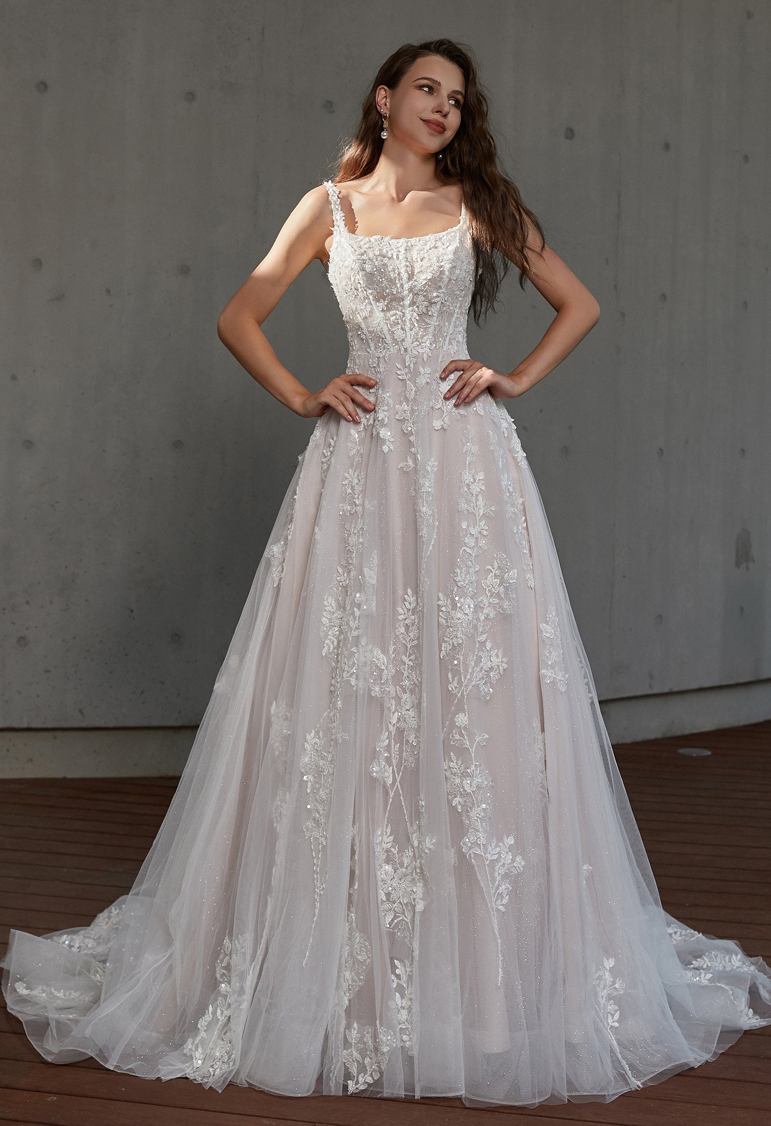 Square Neckline Delicate Beaded Lace Wedding Dress
