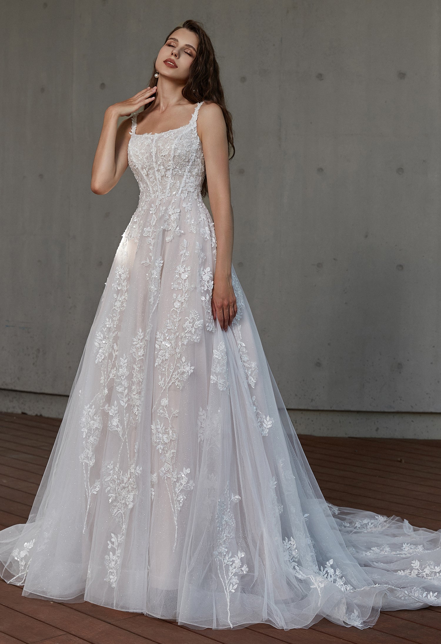 Square Neckline Delicate Beaded Lace Wedding Dress