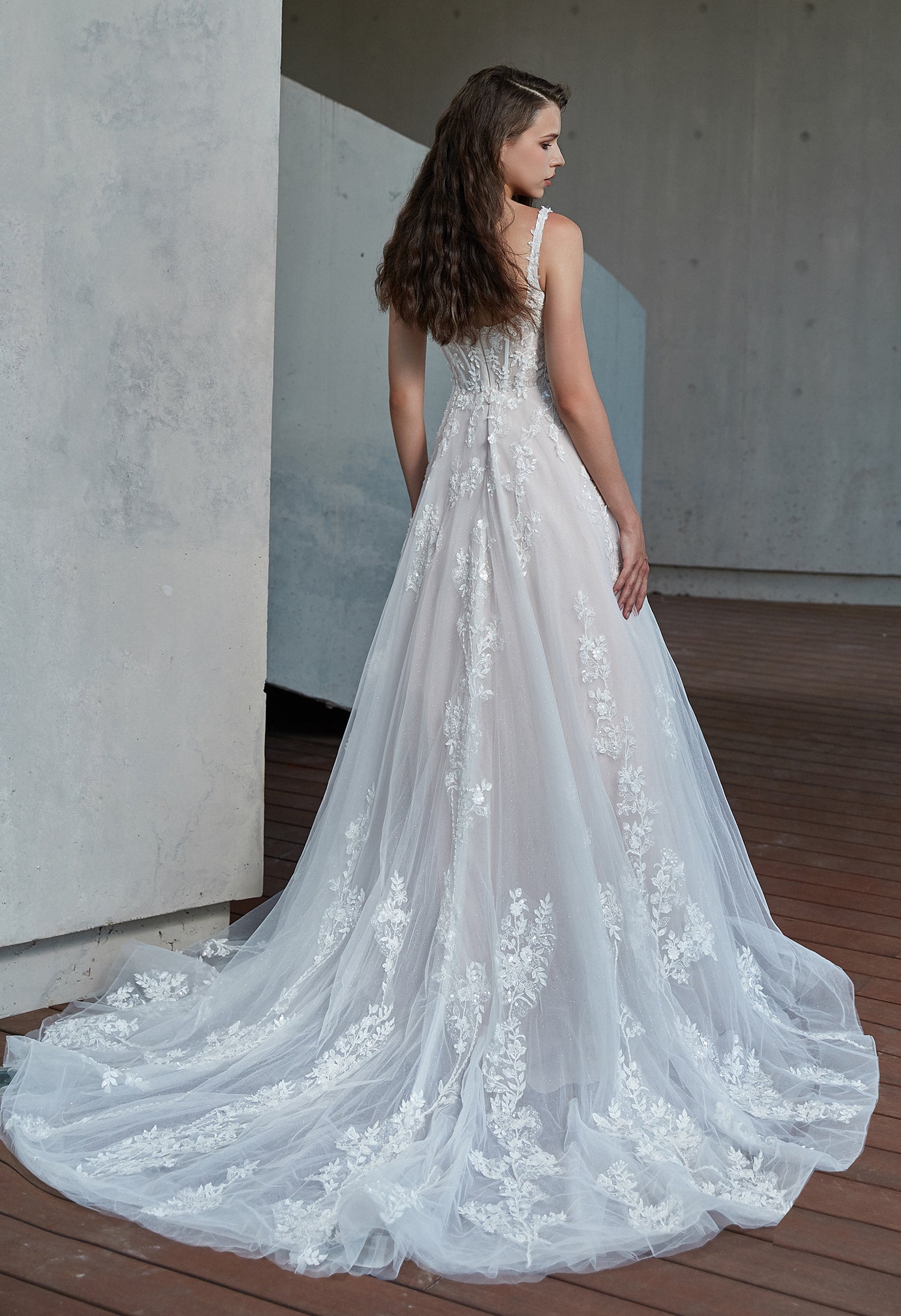 Square Neckline Delicate Beaded Lace Wedding Dress