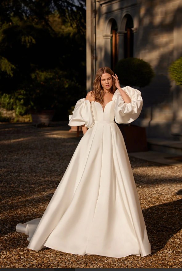 Arabissa 08309 Mikado A-Line Wedding Dress – V-Neck Ivory Gown with Pockets, Pleated Skirt & Removable Sleeves