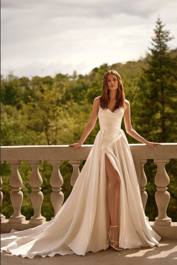 Strelitzia 08297 Mikado A-Line Wedding Dress – Strapless Ivory Gown with Pleats, Slit, Train & Optional Lace Bodysuit