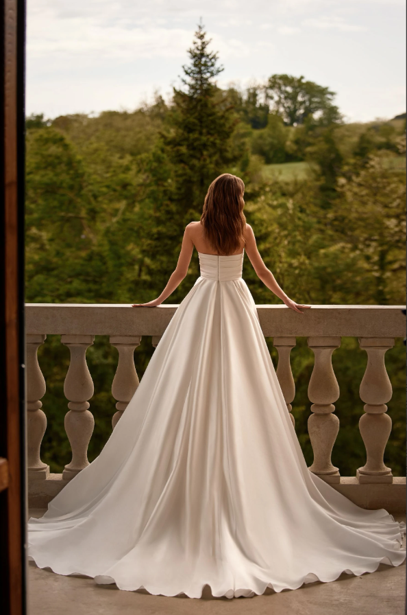 Strelitzia 08297 Mikado A-Line Wedding Dress – Strapless Ivory Gown with Pleats, Slit, Train & Optional Lace Bodysuit