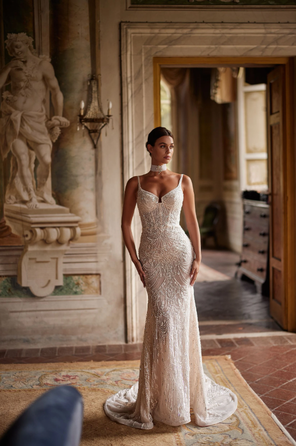 Karaliene 01358 Mermaid Wedding Dress – Lace Corset Gown with Straps, Sheer Skirt & Optional Overskirt