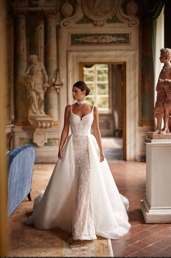 Karaliene 01358 Mermaid Wedding Dress – Lace Corset Gown with Straps, Sheer Skirt & Optional Overskirt