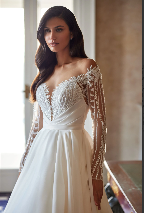 Aselina 3335 Royal Ball Gown Wedding Dress – Textured Organza Skirt, Lace Sleeves & Draped Bodice