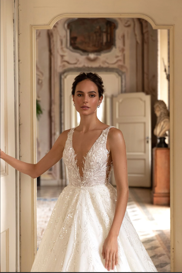 Ernesta 3284 A-Line Wedding Dress – Glitter Lace Gown with Double V-Neckline & Flowing Skirt