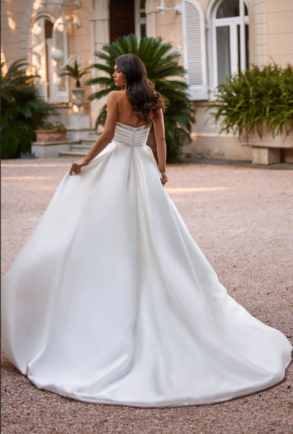 Meriann 3346 – Regal A-Line Mikado Wedding Dress with Lace Details & Optional Removable Sleeves