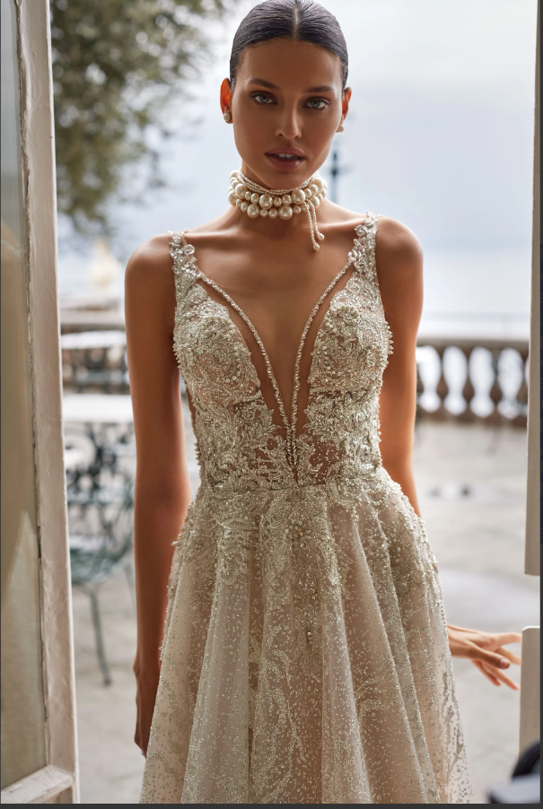 Kalvina 3340 A-Line Wedding Dress – Embroidered V-Neck Corset & Textured Gloss Skirt with Train (Copy)