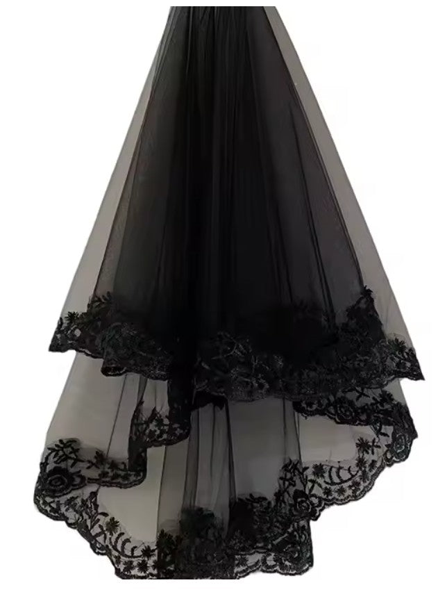 Black Two Teir Finger Short Wedding Veil