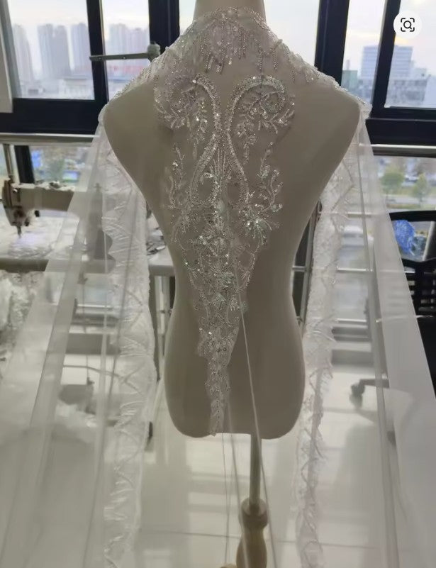ull crystal pearl lace veil bridal cathedral luxury new wedding accessories white veil With metal hair comb custom made veil