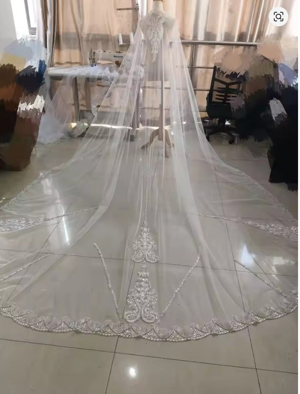 ull crystal pearl lace veil bridal cathedral luxury new wedding accessories white veil With metal hair comb custom made veil