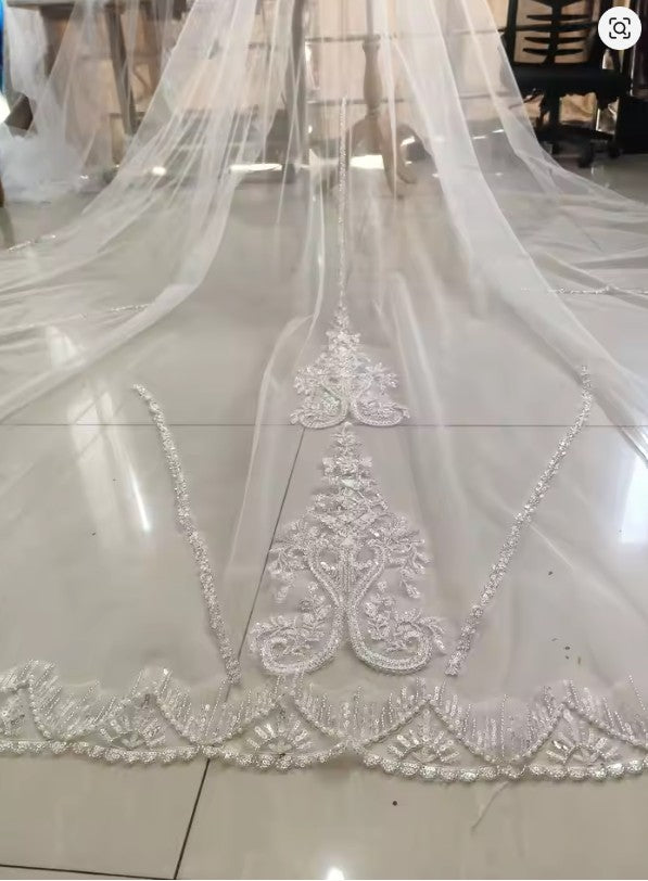 ull crystal pearl lace veil bridal cathedral luxury new wedding accessories white veil With metal hair comb custom made veil