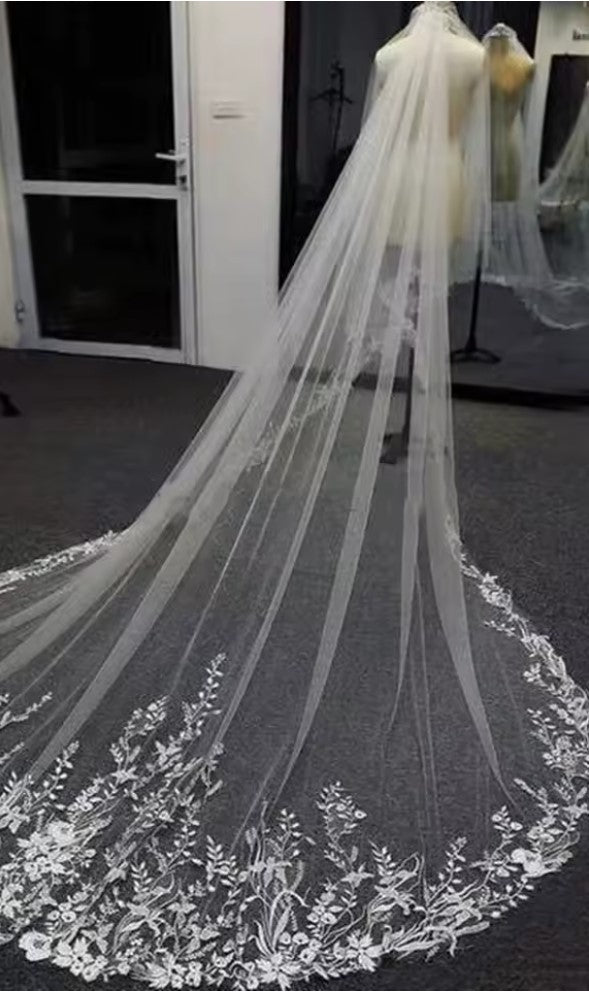 White Ivory Sparkling Long Bridal Veils Wedding Veil Lace Net Cathedral Veil&nbsp;