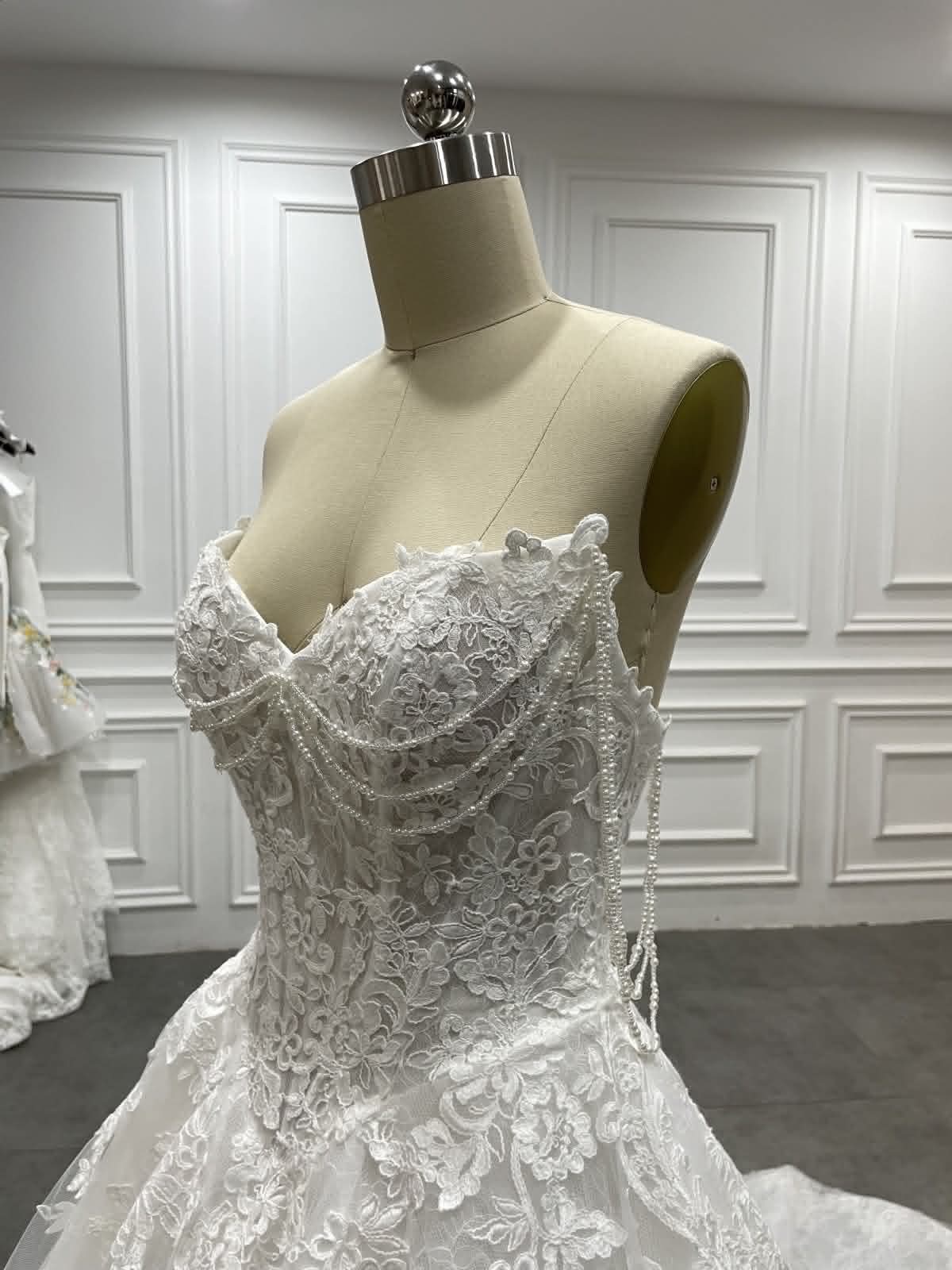 Pearl-Draped Lace Ballgown Wedding Dress