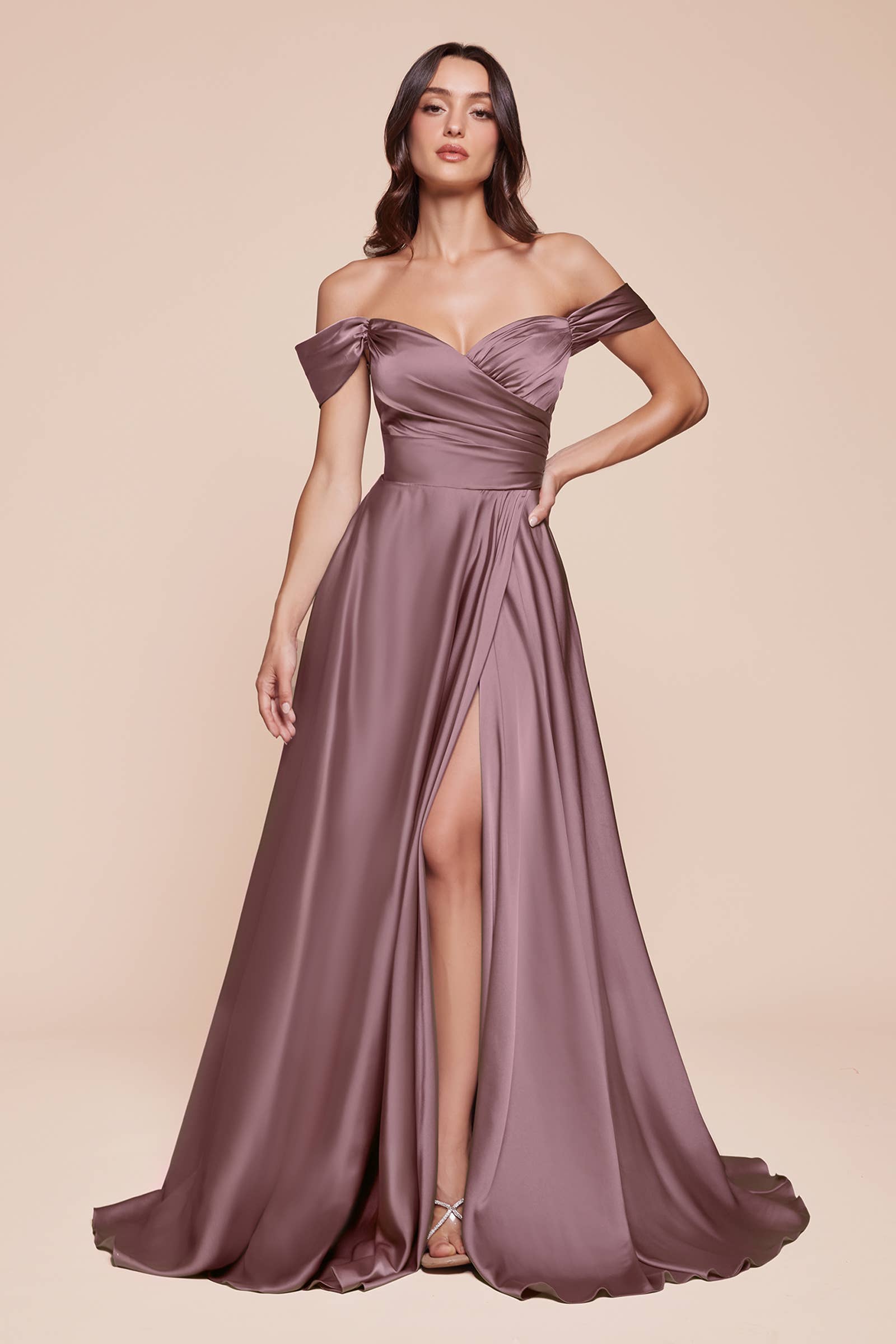 SATIN A-LINE OFF THE SHOULDER DRESS