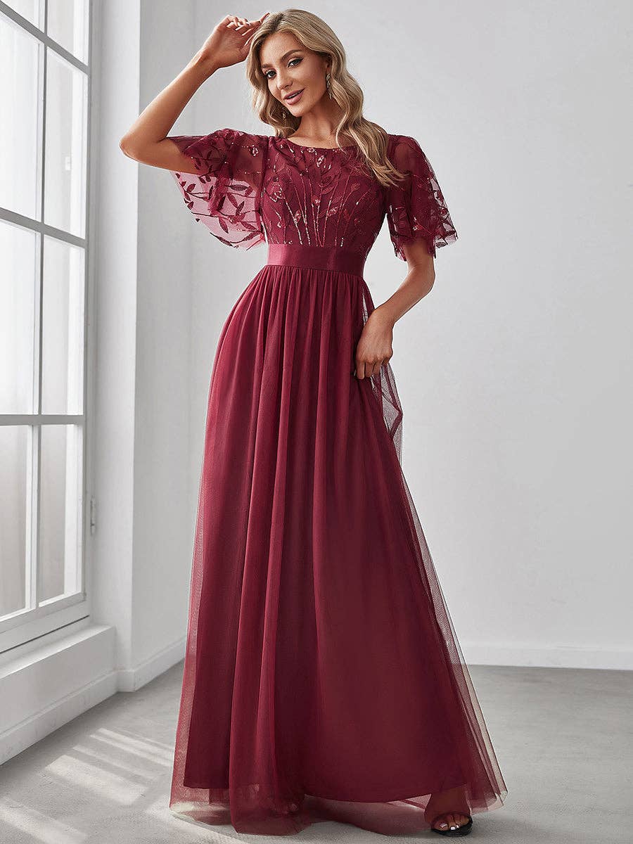 Sequin Print Maxi Long Evening Dresses with Cap Sleeve