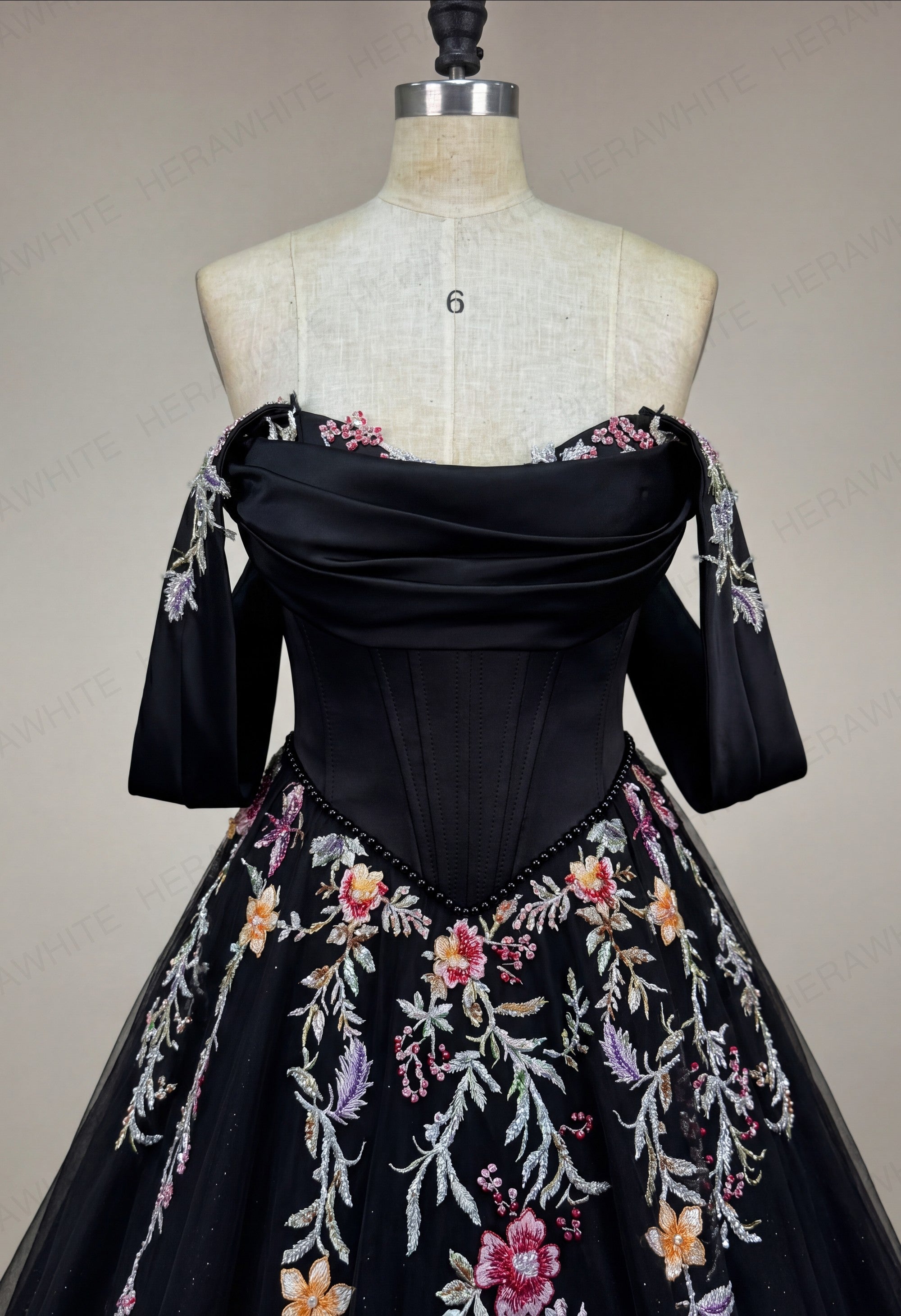 Off the Shoulder Satin Corset Ball Gown with Colorful Floral Embroidery