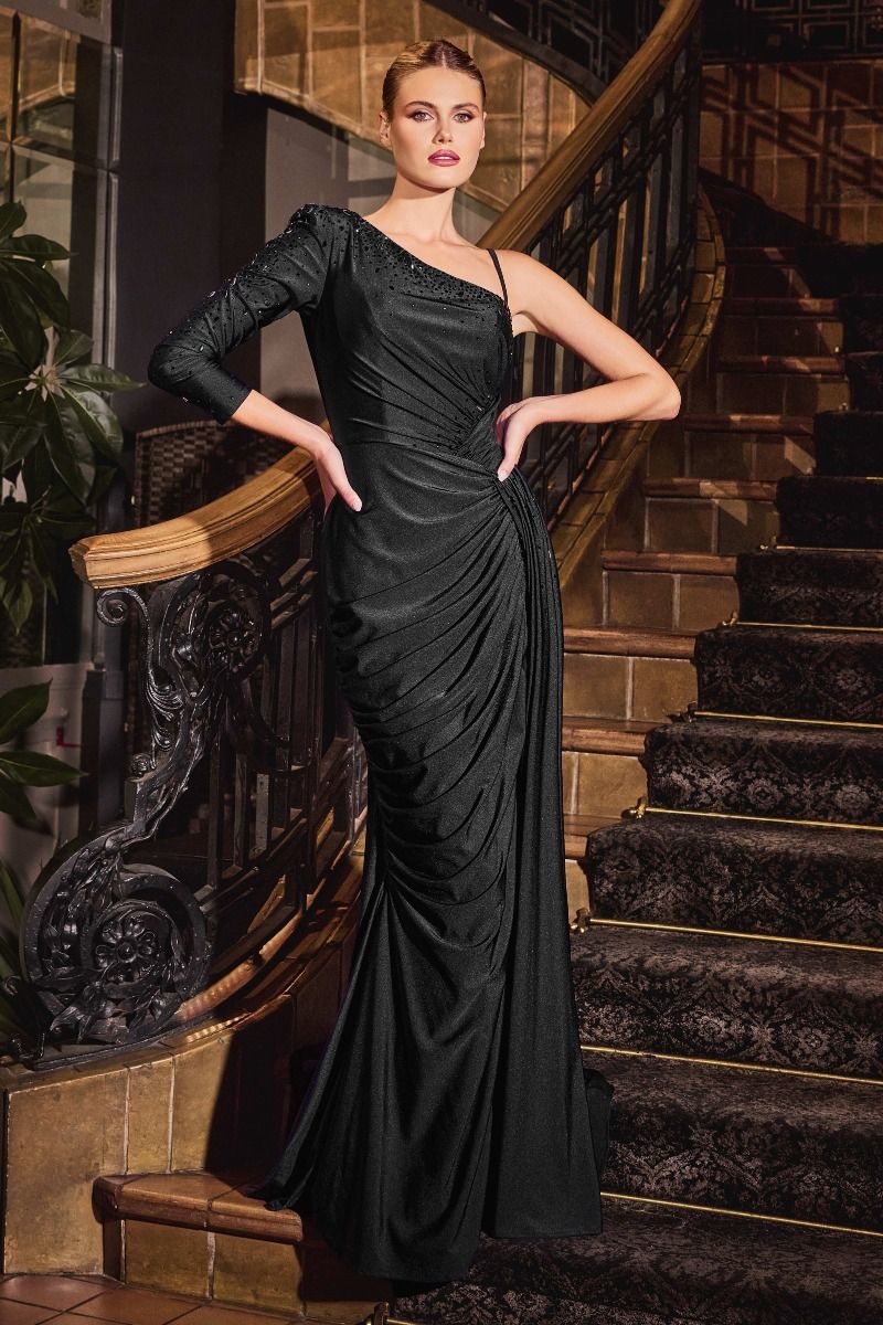 ONE SHOULDER STRETCH SATIN FITTED EVENING GOWN