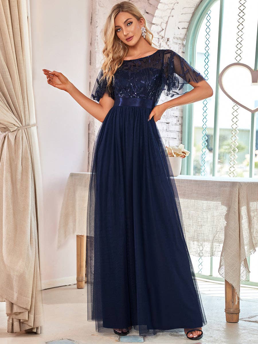 Sequin Print Maxi Long Evening Dresses with Cap Sleeve