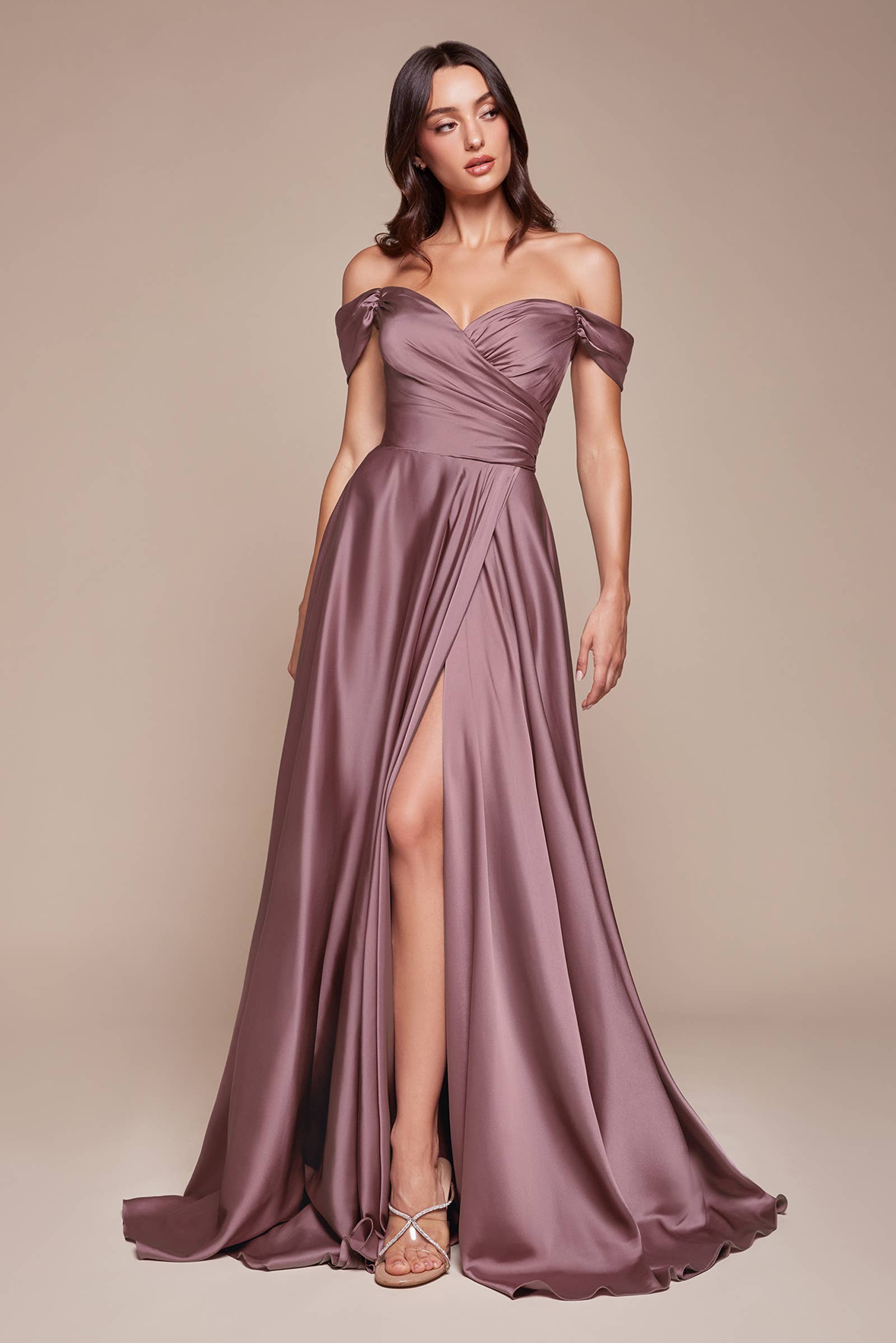 SATIN A-LINE OFF THE SHOULDER DRESS