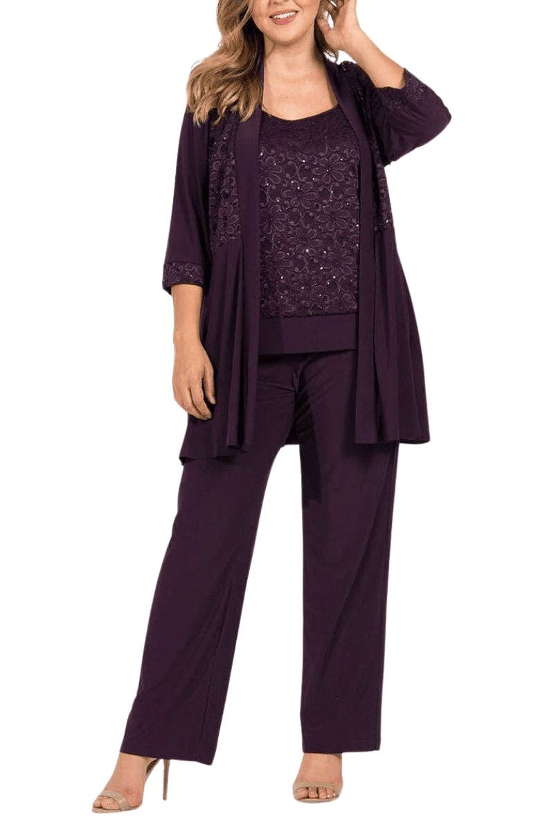 R&M Richards Sleeveless Laced Scoop Neckline Blouse Top Pleated Sequin Open Jacket Straight Leg Relaxed Trouser Pants Suit Dress (Plus Size)