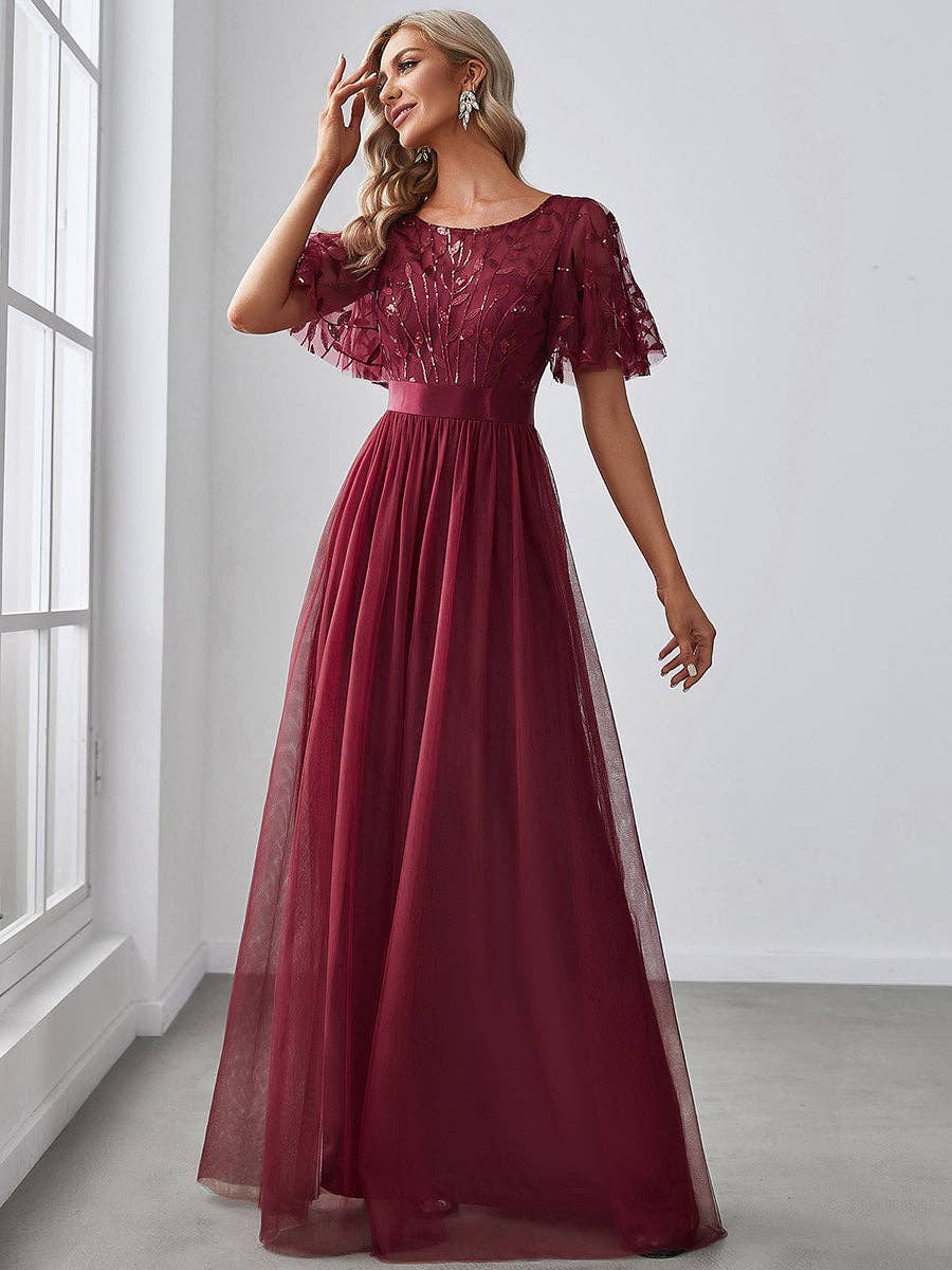 Sequin Print Maxi Long Evening Dresses with Cap Sleeve