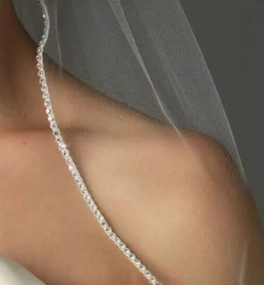 Finger Tip White Ivory Bridal Beaded Veil