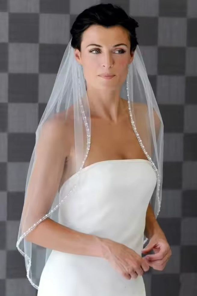 Finger Tip White Ivory Bridal Beaded Veil