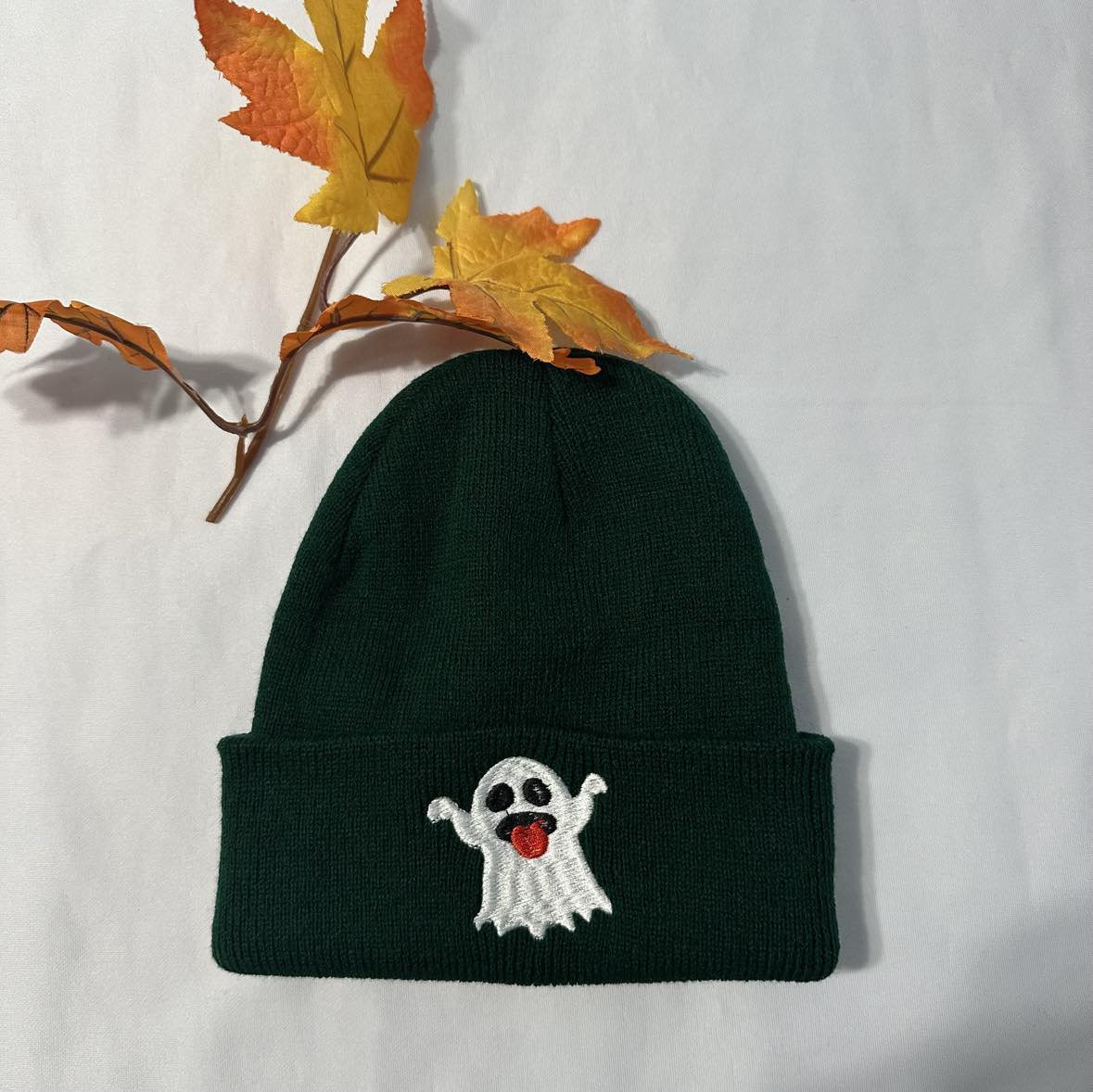 Halloween Ghost Embroidered Beanie - Custom Knit Cuffed Beanie