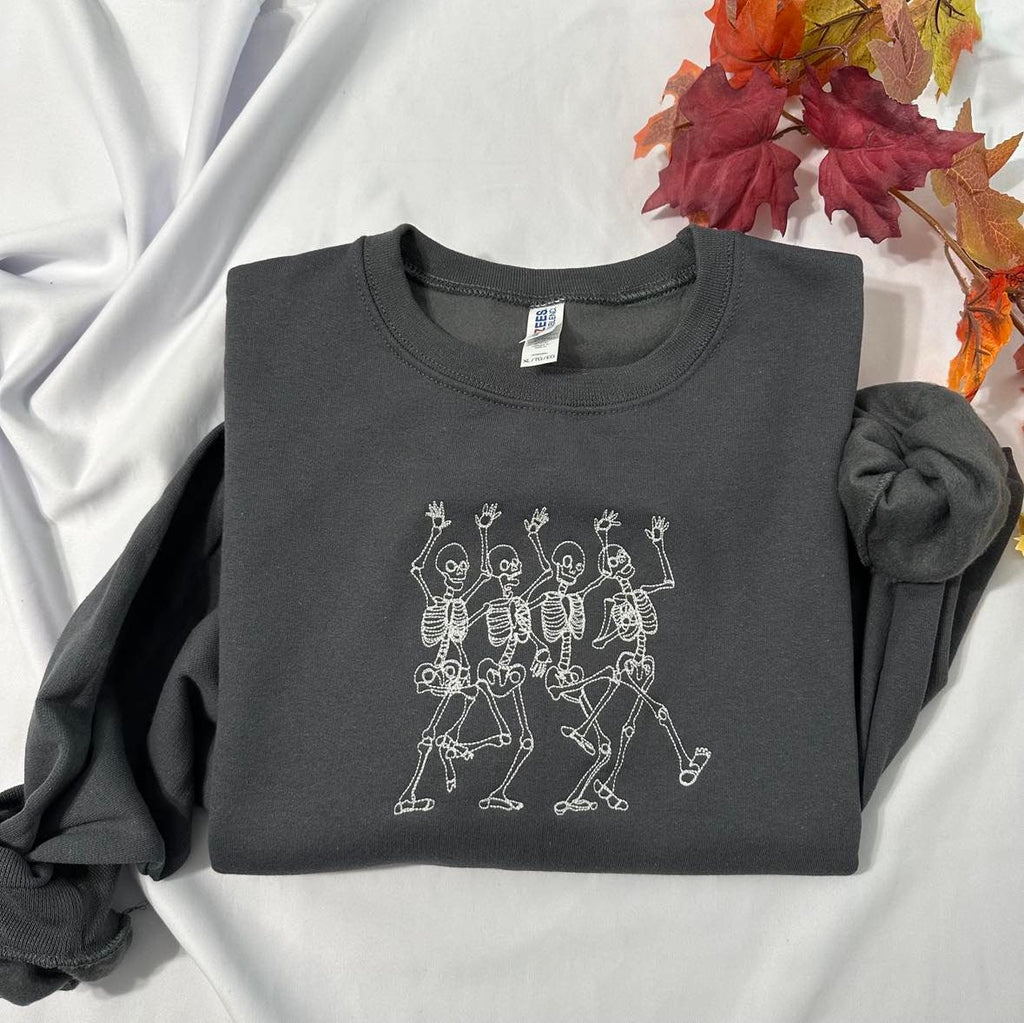 Embroidered Dancing Skeleton Sweatshirt: Glow in the Dark Halloween Crewneck