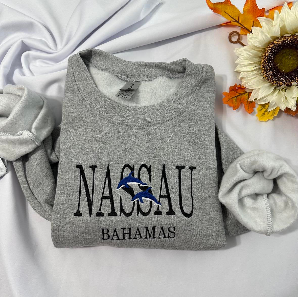 Nassau Bahamas Embroidered Sweatshirt: Dolphin Sleeve, Tropical Gift