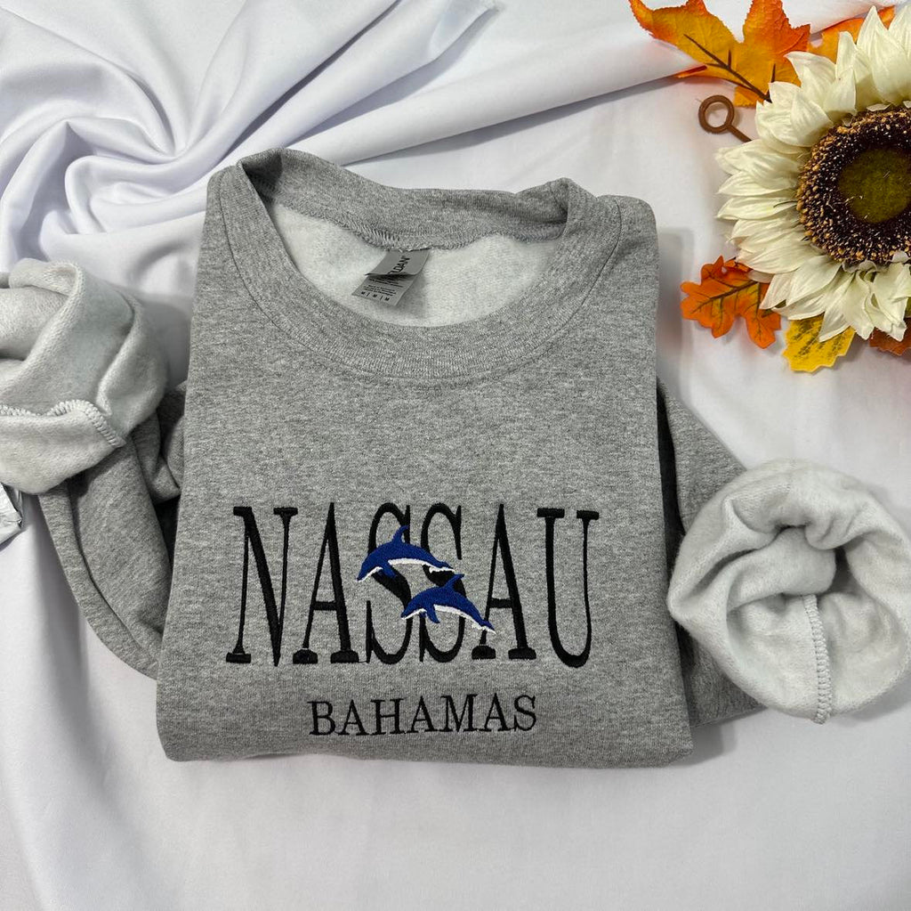 Nassau Bahamas Embroidered Sweatshirt: Dolphin Sleeve, Tropical Gift
