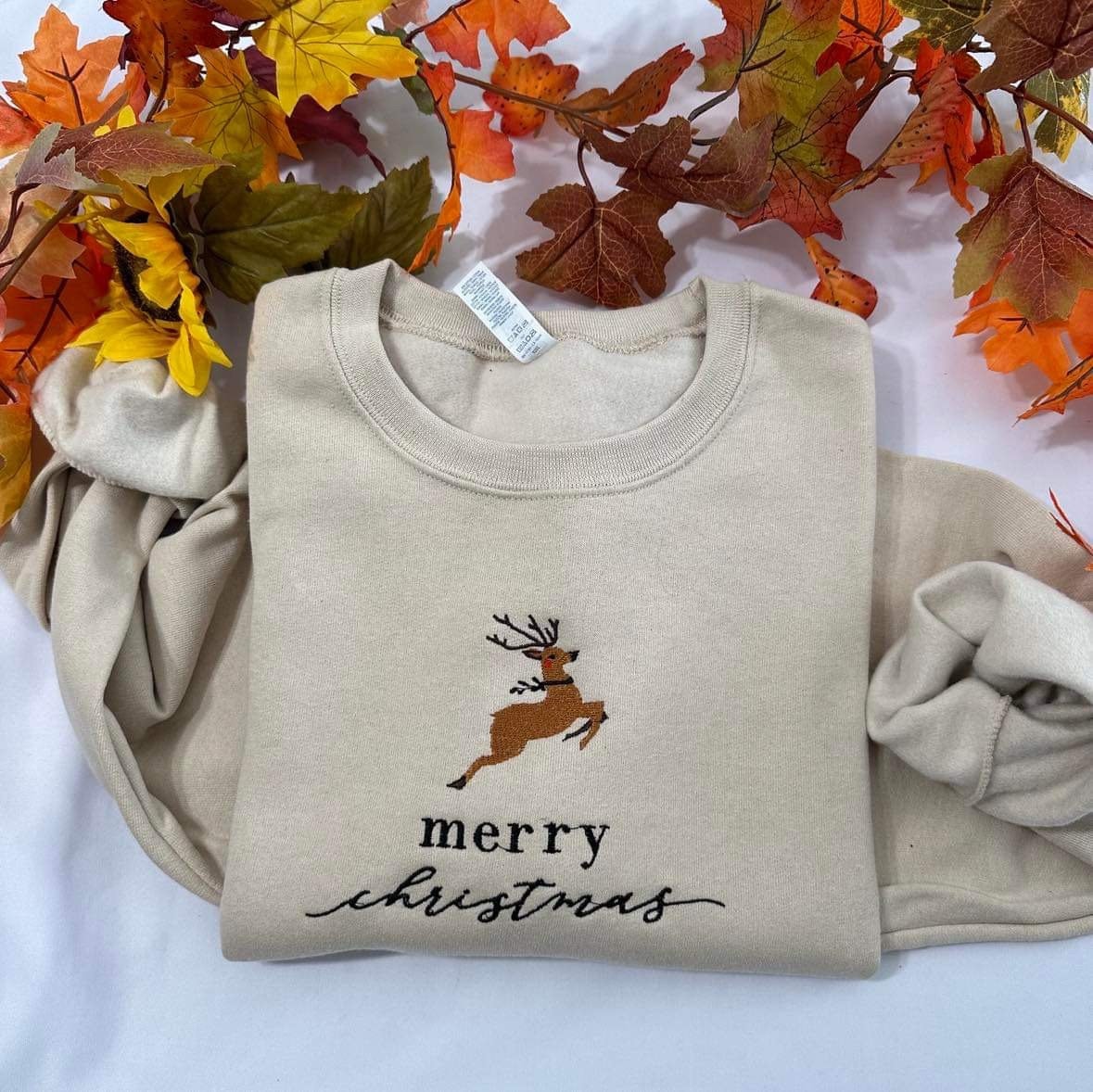 Merry Christmas embroidered crewneck; Christmas Reindeer Embroidered sweatshirt;  Uniqe Holiday gift for her/him