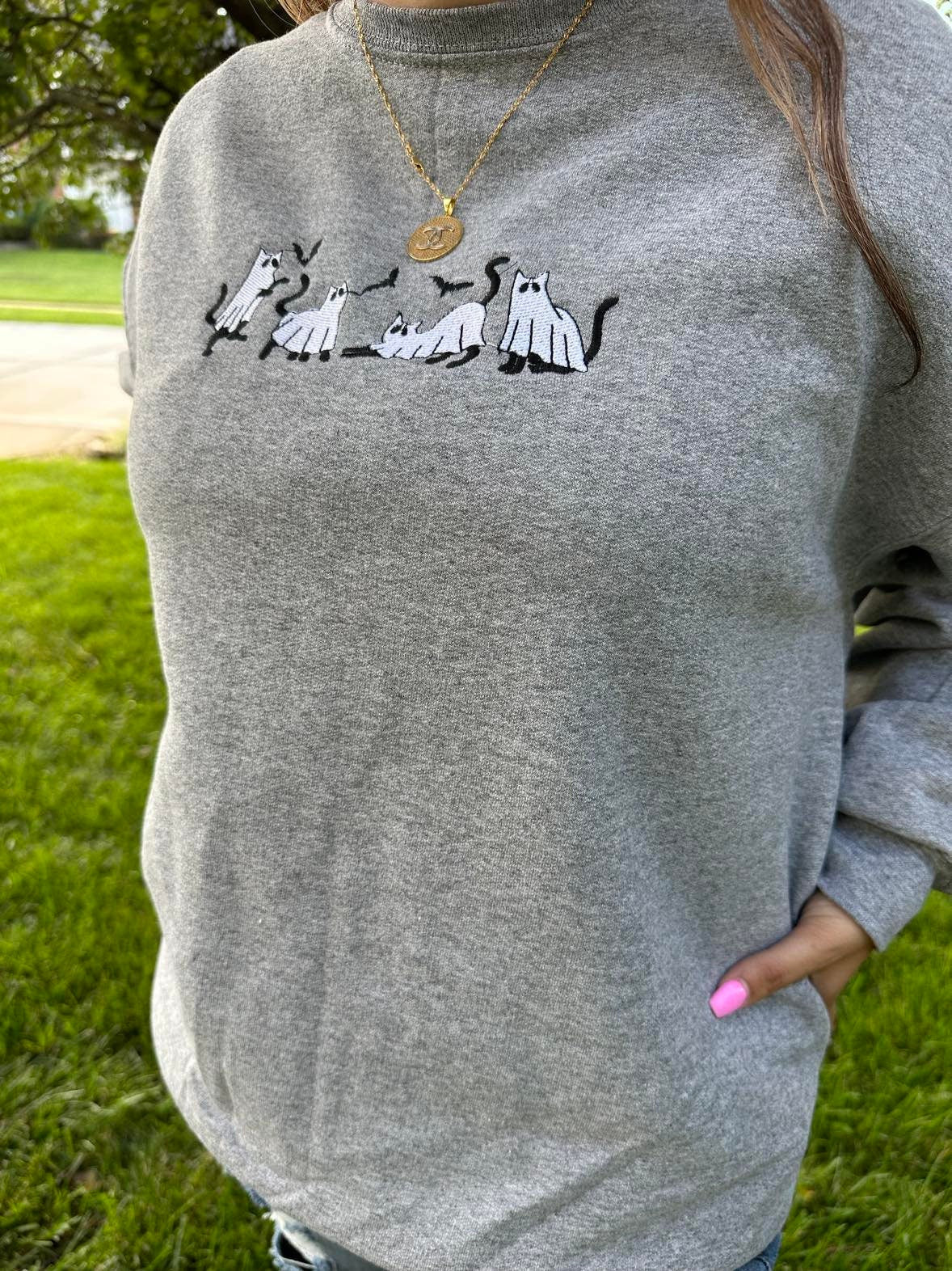 Ghost Cat Halloween embroidered hoodie; Ghost cat embroidered hoodie, Spooky season hoodies