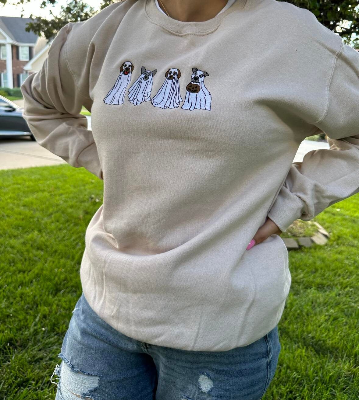 Embroidered Ghost Dogs Halloween Sweatshirt: Spooky Season Crewneck