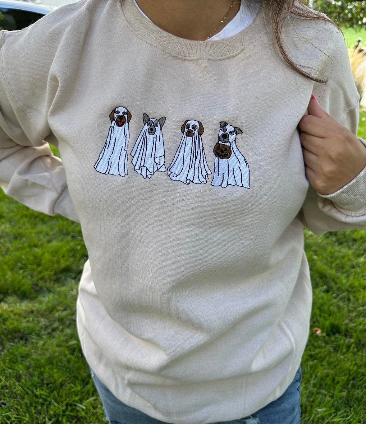 Embroidered Ghost Dogs Halloween Sweatshirt: Spooky Season Crewneck