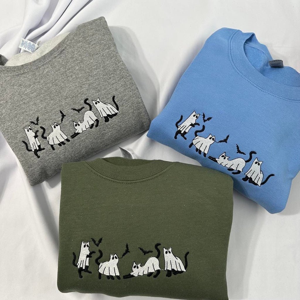 Embroidered Halloween Cat Sweatshirt: Spooky Ghost Crewneck